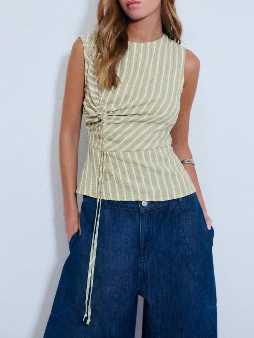 Sage Green Striped Ruched Drawstring Tie Blouse
